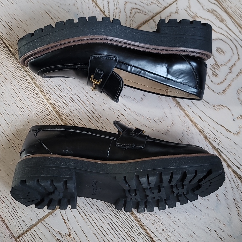 Sam Edelman Laurs Black Patent Platform Lug Sole Loafers 7.5 Gold Buckle - Picture 10 of 14